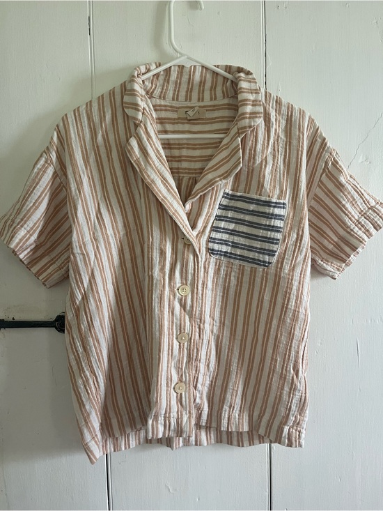 Madewell Tops - Madewell Beige and White Striped Button-Down Shirt with Navy Pocket